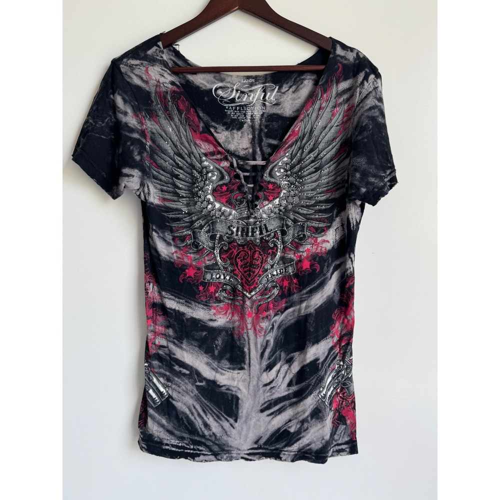 Sinful by Affliction Women Large Lace Up Wing Rhinestone Graphic Y2K Grunge rock